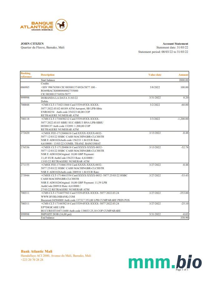 Szablon wyciągu bankowego Mali Banque Atlantiaque w formacie Word i PDF, .doc i .format pdf